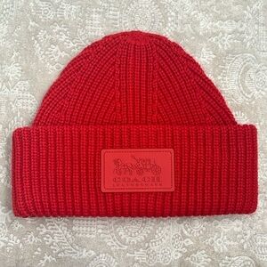 NWOT Coach Ribbed Knit Patch Beanie Sport Red Winter Cap Cuffed Hat